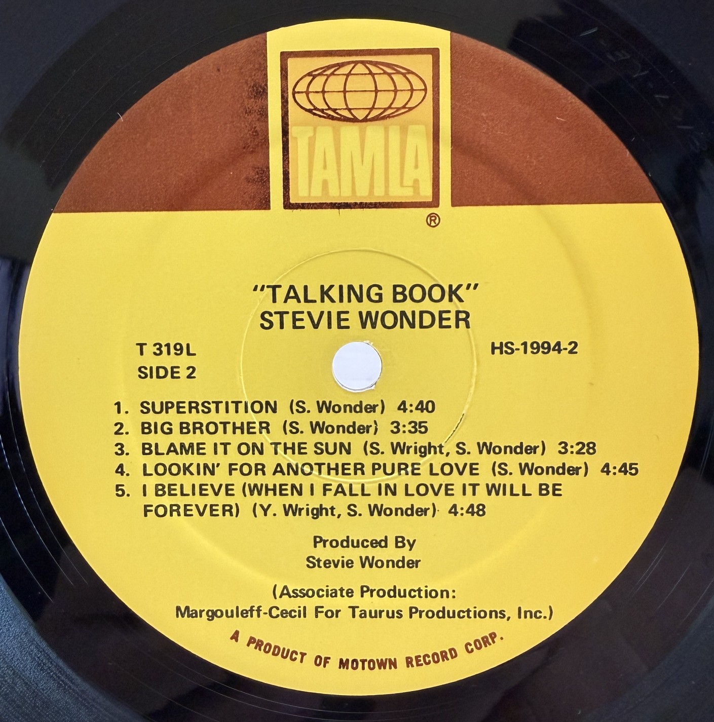 Stevie Wonder Talking Book Tamla T 319L Side Two vinyl label