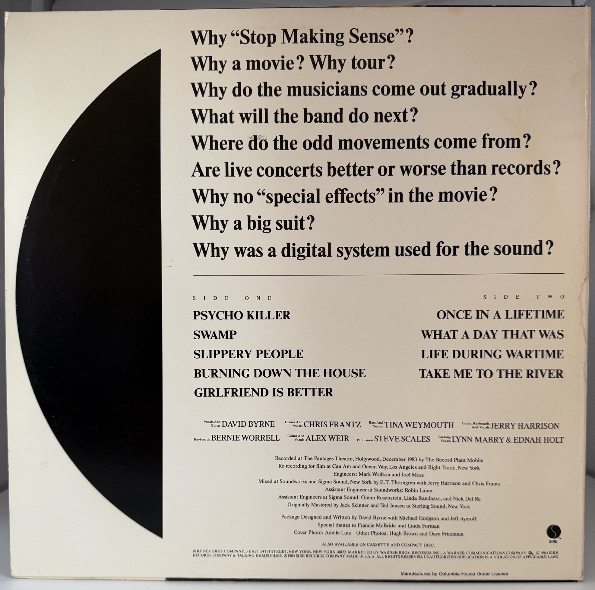 Talking Heads Stop Making Sense 1984 vinyl LP back cover Sire Records
