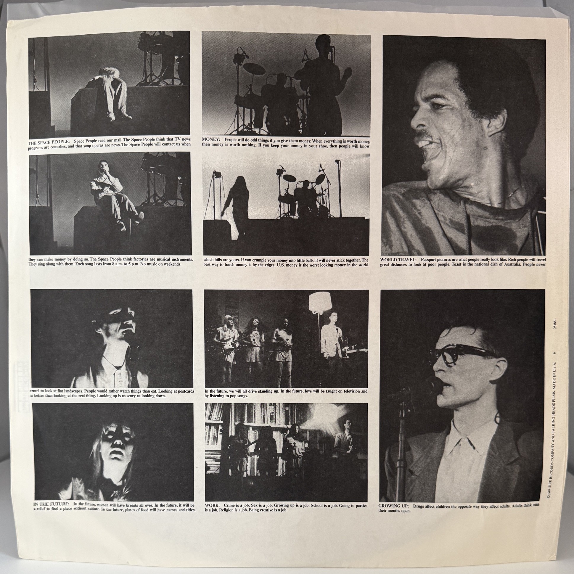 Talking Heads Stop Making Sense 1984 original printed inner sleeve side two