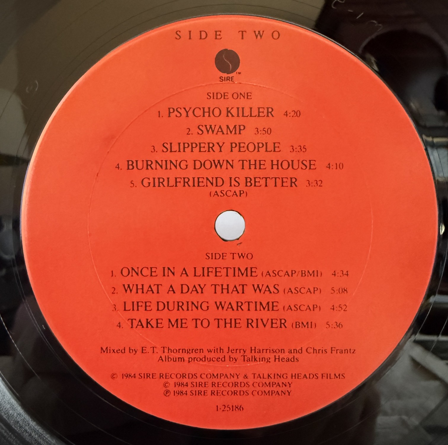Talking Heads Stop Making Sense Sire W1-25186 Columbia House Side B label